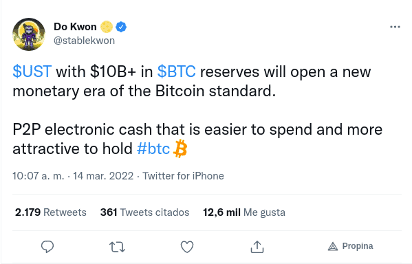 Tweet de Do Kwon, CEO de Terra, sobre la ampliación del pool de reserva de Bitcoin