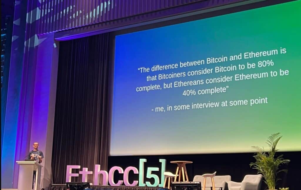 Vitalik Buterin, mientras compartía hoja de ruta de Ethereum después de The Merge en EthCC 5