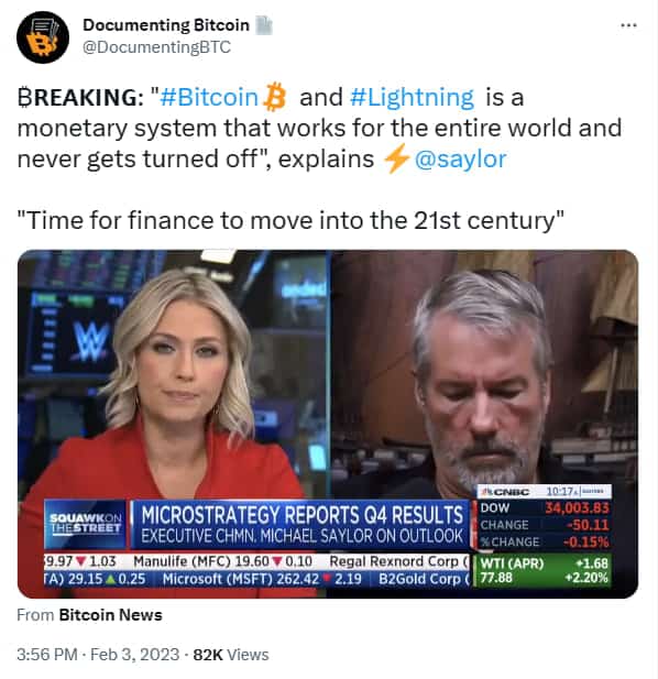 Michael Saylor hablando sobre Bitcoin y Lightning Network en entrevista con la CNBC