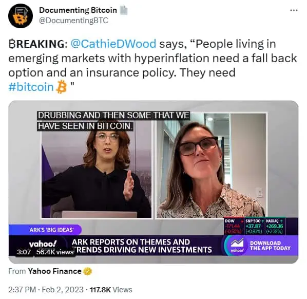 Cathie Wood sobre Bitcoin en entrevista con Yahoo Finance
