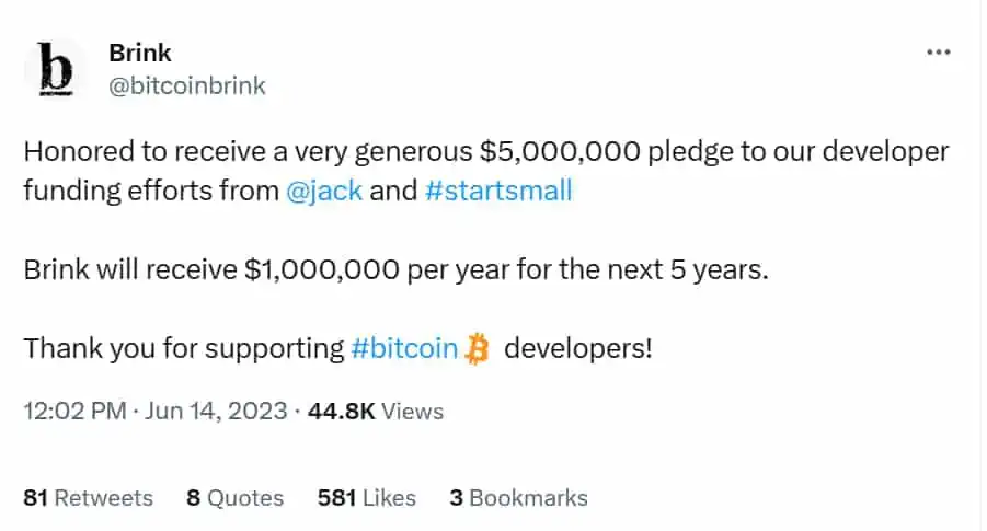 Jack Dorsey donará $5 millones a Brink para apoyar el crecimiento de Bitcoin