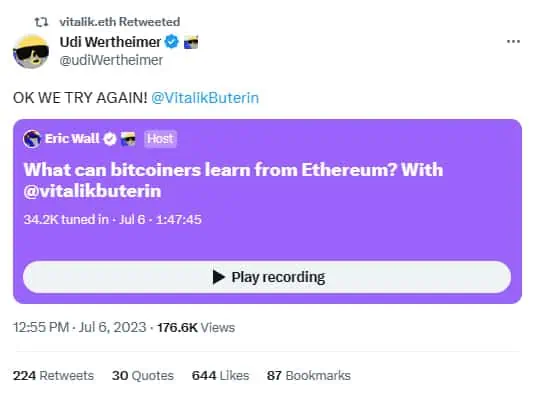 Vitalik Buterin, creador de Ethereum, elogió a los Ordinals y a los tokens BRC-20 en Bitcoin