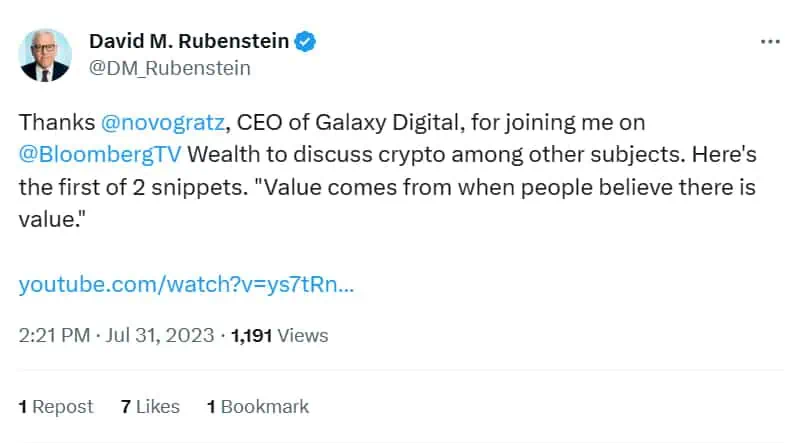 David Rubenstein: Bitcoin es dinero que llegó para quedarse