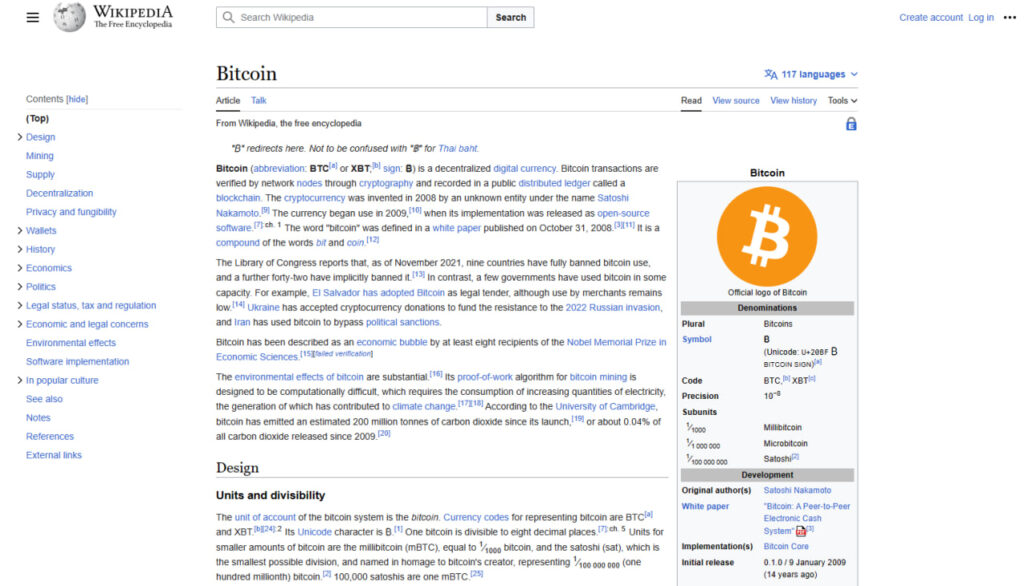 Artículo sobre Bitcoin en Wikipedia