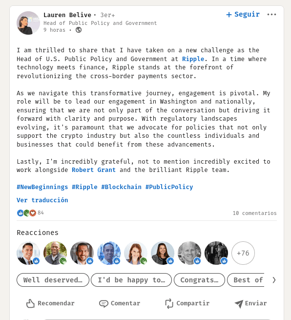 Belive anunció su nombramiento en Ripple, usando su cuenta en la conocida red social de LinkedIn
