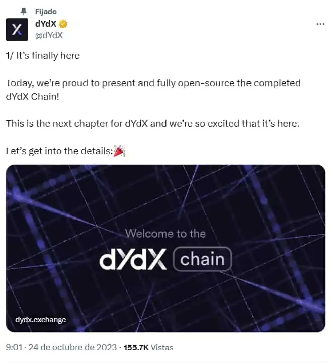 dYdX v4 publica su software open source y lanza su mainnet