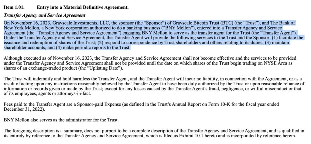 Documento filtrado en la que se observan las modificaciones para incluir al Trust al banco BNY Mellon