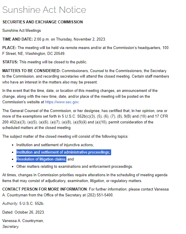 Notificación de la SEC para la reunión a puerta cerrada de 02 de noviembre - Bit2Me News