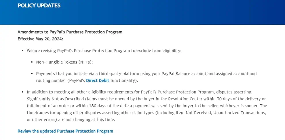 Segmento de las actualizaciones hechas por Paypal a sus políticas de protección del comprador.