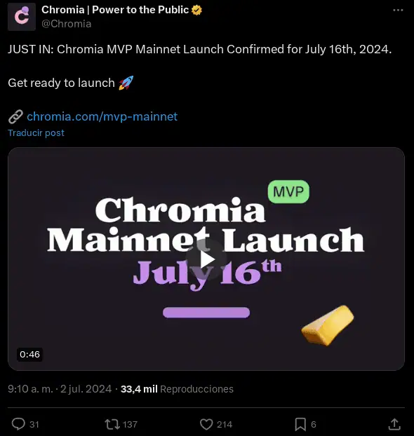 Anuncio del lanzamiento de Chromia y su mainnet