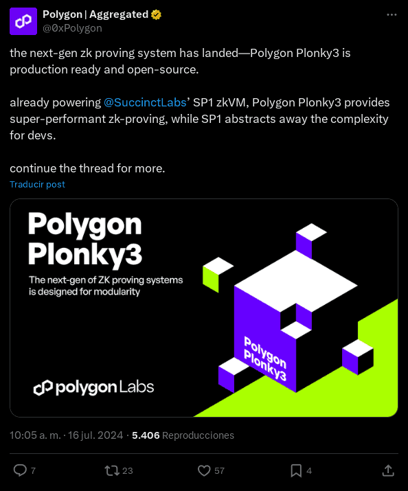 Polygon Labs ha anunciado el lanzamiento en producción de su nuevo sistema de pruebas, ZK Plonky3