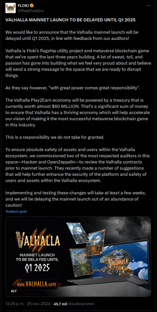 Floki developers have announced a delay in their Valhalla metaverse until early 2025, in order to fix certain errors detected by auditors Hacken and OpenZeppelin.