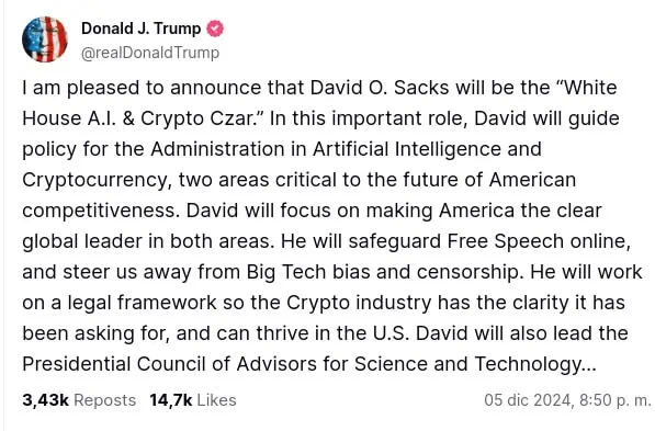 Publicación de Donald Trump sobre la nominación de David Sacks como “zar de criptomonedas e inteligencia artificial” de la Casa Blanca. 