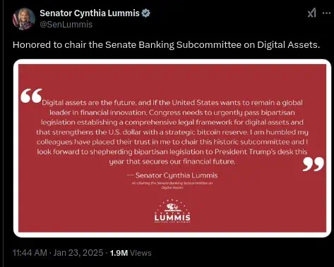 Cynthia Lummis es nombrada presidenta del nuevo panel del Senado dedicado a los activos digitales