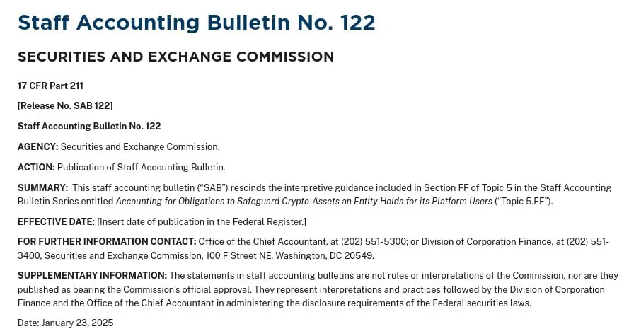 La SEC deroga la polémica norma SAB 121 que limitaba la custodia de criptomonedas