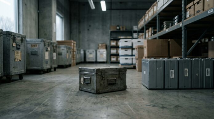2026-10-16_agent_9fc56e0f-002f-45c5-94c2-d04bd5150f8c_1792156538504 Separate metal security container on the floor of an institutional warehouse (AI-generated image)