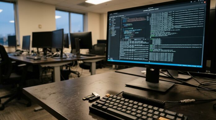 2026-10-16_agent_cde79fc2-65b1-4891-b10a-9ab72d9994dc_1792160048242 Monitor encendido con líneas de código borrosas junto a teclado en escritorio de oficina (imagen generada por IA)