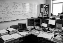 Lightning Network: primera defensa postcuántica funcional Pizarra con fórmulas criptográficas y mesa de trabajo en laboratorio universitario (imagen generada por IA)