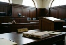 La justicia de EE. UU. rechaza anular un pacto de 5 millones Mesa de tribunal con carpetas legales de madera bajo luz natural suave (imagen generada por IA)