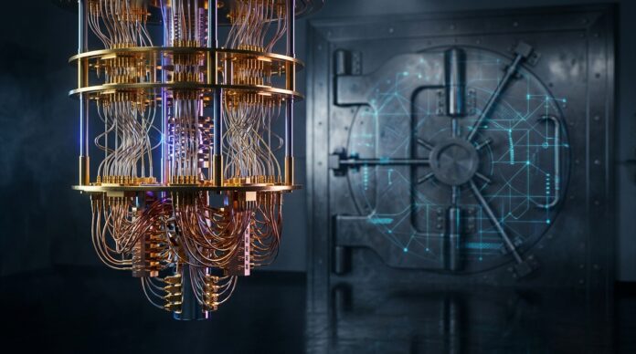 2026-10-18_agent_433272ea-3c6c-4f00-a32c-3afd7e2caf6a_1792367523682 Golden quantum hardware with thin wires in front of a dimly lit metallic dome (AI-generated image)