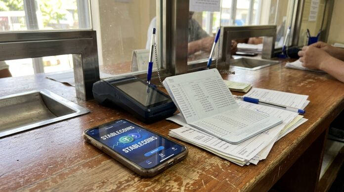 2026-10-19_agent_2d796ea6-23ec-4bc0-af63-61a04cf34468_1792451971162 Terminal de pago digital y libreta bancaria sobre un mostrador de madera junto a la ventana (imagen generada por IA)