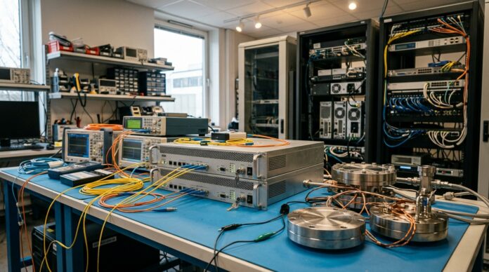 2026-10-19_agent_ba617fd0-8e60-4896-b595-863a46a102e7_1792451851798 Equipos de prueba criptográfica y cableado en un laboratorio técnico iluminado por luz suave (imagen generada por IA)