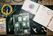 Solana muestra solidez operativa según informe de Fidelity Mesa de trabajo con componentes de hardware, cables de fibra óptica y un informe técnico (imagen generada por IA)