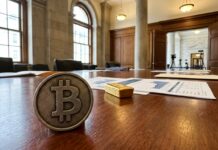 Bitcoin superará a las acciones y al oro según JPMorgan Moneda conmemorativa de metal junto a un lingote sobre una mesa de madera clásica (imagen generada por IA)