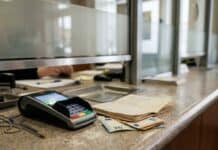 Banken bremsen den Vormarsch von Stablecoins durch Zinssätze. Digitales Zahlungsterminal und Notizblock auf dem Glastresen einer Filiale (KI-generiertes Bild)