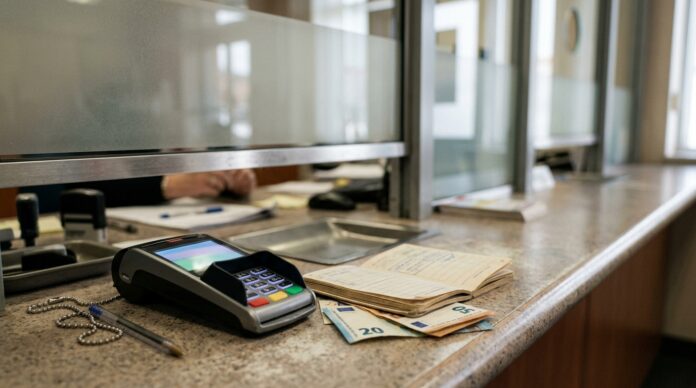 2026-10-20_agent_7a25d108-4fc1-4959-99ff-4c6a1eb10d91_1792455685570 Digital payment terminal and notepad on the glass counter of a branch (AI-generated image)