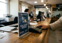Stablecoins: transferencias alcanzan 891.000 millones de dólares Terminal de pago y soporte acrílico sobre un mostrador con luz natural cálida (imagen generada por IA)