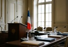 Francia propone responsabilizar a exchanges por DeFi Atril con micrófonos y mesa institucional frente a un gran ventanal de estilo parisino (imagen generada por IA)