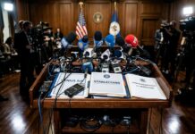 EE. UU. fija normas para stablecoins bajo la GENIUS Act Atril con micrófonos de prensa en una sala federal iluminada con flash periodístico (imagen generada por IA)