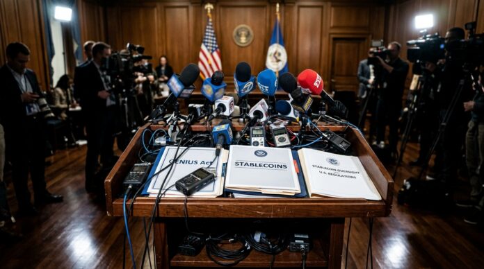 Atril con micrófonos de prensa en una sala federal iluminada con flash periodístico (imagen generada por IA)