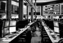 PancakeSwap eleva su TVL a 2.400 millones de dólares tras una propuesta Sala financiera vacía con monitores apagados y paneles en blanco y negro (imagen generada por IA)