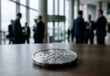 Cardano pide a UE no ampliar MiCA a DeFi y staking Medallón de titanio cepillado sobre una mesa de madera oscura en una sala moderna (imagen generada por IA)