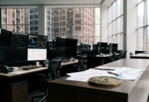 Bitcoin transforma sus derivados hacia la gestión de riesgo Monitores de análisis financiero en una sala silenciosa junto a una moneda simbólica (imagen generada por IA)