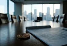 Bitcoin en tesorerías: el mercado exigirá disciplina financiera Moneda de metal sobre mesa de madera en sala de reuniones vacía con ventanal (imagen generada por IA)
