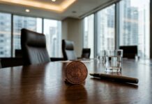 Bitcoin protagoniza nuevos ETF de Franklin Templeton Moneda física de Bitcoin sobre mesa de madera oscura junto a una pluma ejecutiva (imagen generada por IA)