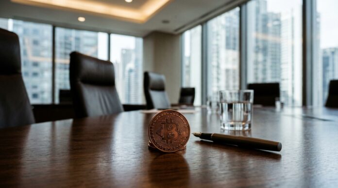 2026-10-23_agent_c5884695-4bc5-494d-a72d-69bdb857d18f_1792772157431 Physical Bitcoin coin on a dark wooden table next to an executive pen (AI generated image)