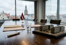 Letonia prepara regulación de tokenización para 2027 Maqueta de edificio sobre mesa de madera junto a una pluma y ventanales con luz de día (imagen generada por IA)