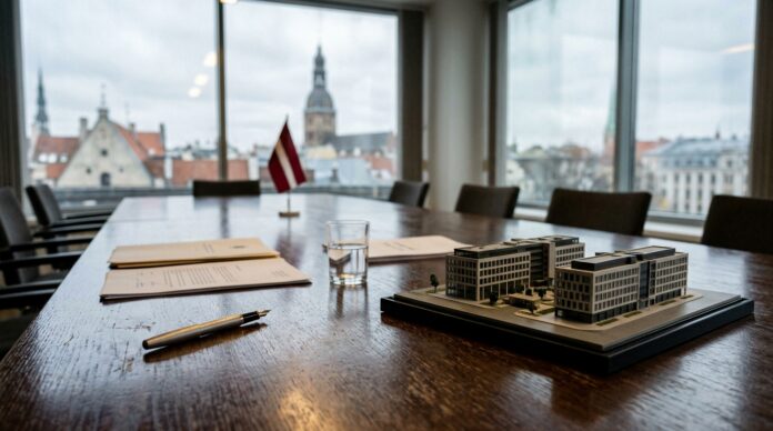 2026-10-25_agent_320a3470-fff2-44c3-9f56-043f9080dab8_1792962725985 Maqueta de edificio sobre mesa de madera junto a una pluma y ventanales con luz de día (imagen generada por IA)
