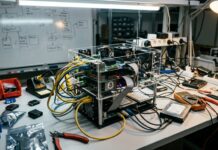 Bitcoin Core accelerates AI-detected security patches Technical workbench with hardware components and network cables illuminated by lamps (AI-generated image)
