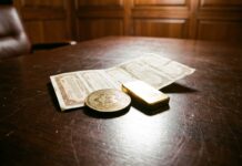 VanEck lanza ETF con exposición a Bitcoin, oro y bonos Moneda conmemorativa de Bitcoin junto a un lingote de oro y documentos sobre madera (imagen generada por IA)