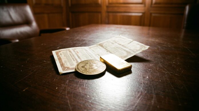 2026-10-27_agent_8550f773-2c7d-4b5f-8823-e7506cc3f25d_1793132129772 Moneda conmemorativa de Bitcoin junto a un lingote de oro y documentos sobre madera (imagen generada por IA)