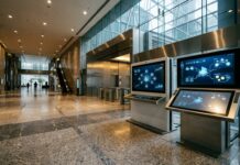 Dinero tokenizado: el 88% de grandes empresas lo adopta Terminal digital en el vestíbulo de un centro financiero corporativo iluminado (imagen generada por IA)