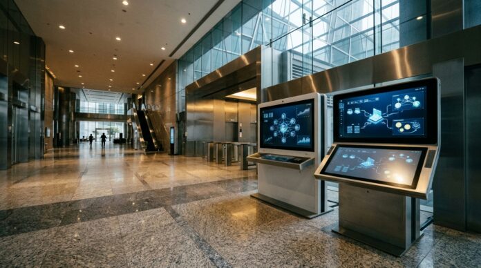 2026-10-28_agent_19cff440-e099-44f3-942c-17f754aad9e0_1793189769003 Terminal digital en el vestíbulo de un centro financiero corporativo iluminado (imagen generada por IA)