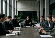 Zcash debate detener financiación de 125 millones en ZCG Personas reunidas alrededor de una mesa de madera oscura en una sala de concreto (imagen generada por IA)