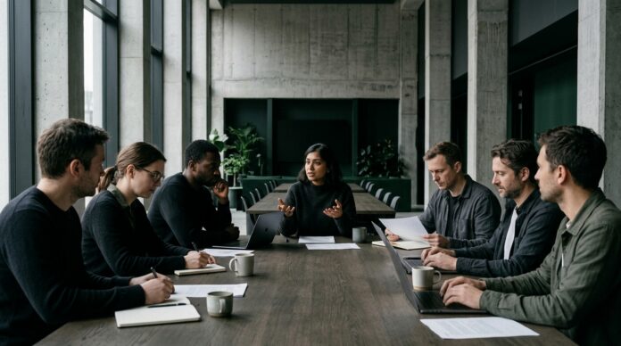 2026-10-28_agent_264b25f0-f357-4674-93aa-b8fe40e0e799_1793213932004 Personas reunidas alrededor de una mesa de madera oscura en una sala de concreto (imagen generada por IA)