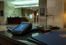 Cripto reforzará el dominio global del dólar según EE. UU. Terminal digital de pago y una pequeña balanza sobre mesa de piedra en un vestíbulo (imagen generada por IA)